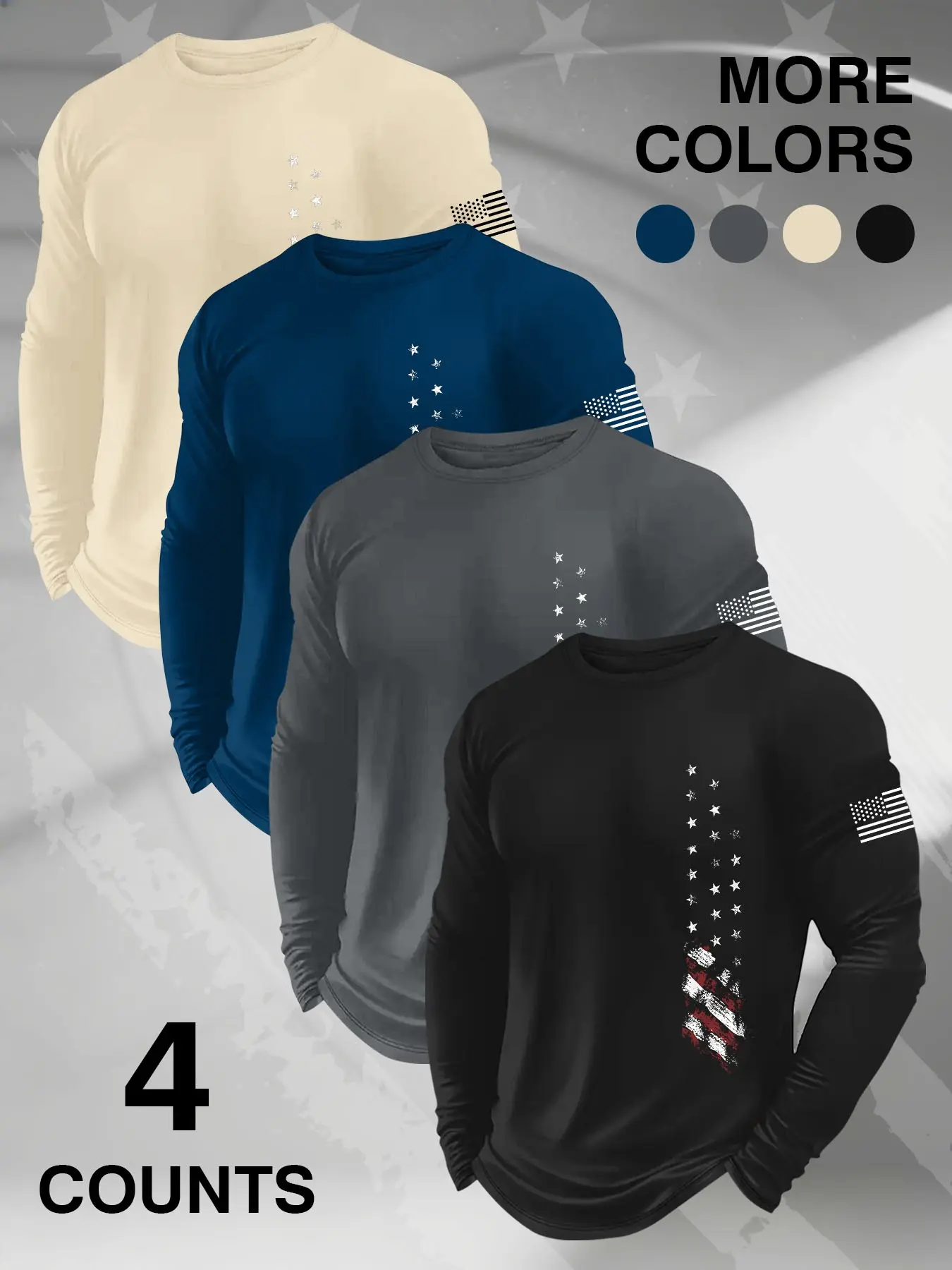 Men's 4 Pack Long Sleeve Shirts, Distressed Vertical USA Flag Mini Flag Sleeve Print, Vintage Patriotic Casual Gym Athletic Tops for Men