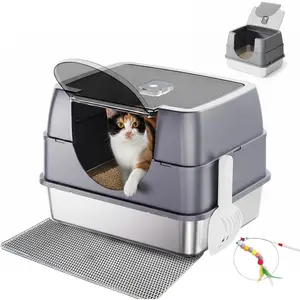 Enclosed Cat Litter Box with Flip-Top Lid, Large Covered Litter Box, High Sided Litter Pan with Litter Scoop & Mat, Odor Control, Leak Proof, Easy Cleaning, Grey