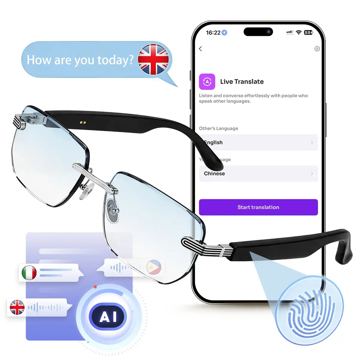 Real-Time AI Translation, Multifunctional Smart Glasses with Voice Assistant, Bluetooth Audio Glasses with Remote Capture & Hands-Free Calls, Long Battery, Blue Light Blocking, Wireless Glasses for Men & Women Driving Vacation Gift