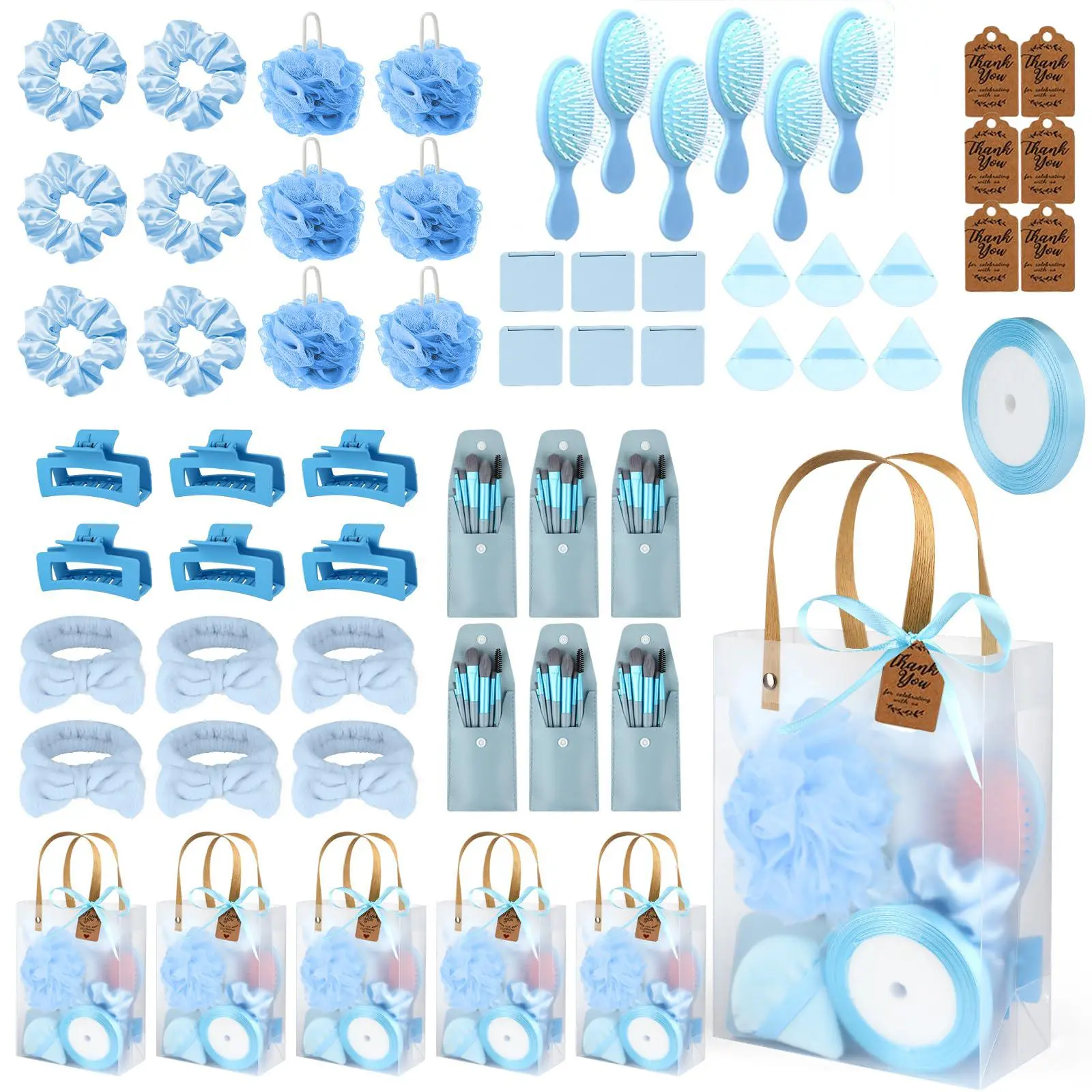 Blue Bridal Shower Game Prize Cosmetic Sets (6-Pack) - Compact Powder-Infused Beauty Kits with Makeup Brushes, Bath Sponges, Hair Accessories - Gift for Bachelorette Wedding Guests, Smooth, Spa Party, Baby Shower Party