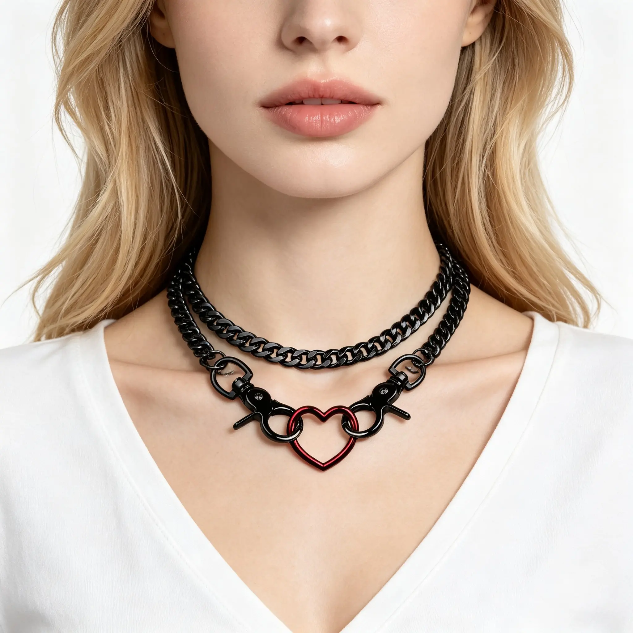 Fashion Heart Double Keychain Cuban Link Y Shape Necklace Vintage Sexy Street Style Multi Layer Y Shape Double Keychain Design Hip Hop Choker Heart Lasso Slider Chain for Christmas Valentine Easter Thanksgiving Halloween Outfit