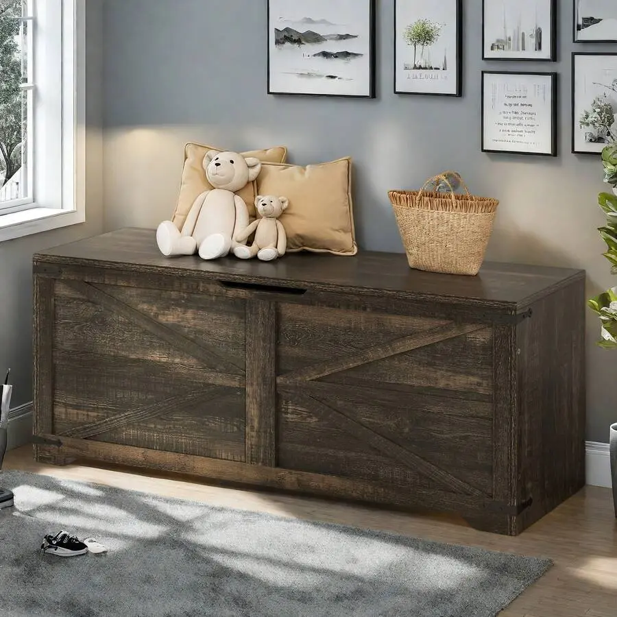 47" Farmhouse Storage Chest Storage Bench With 2 Safety Hinges Wooden Storage Organizer Shoe Bench  Bedroom Bench Hidden Shoe Bench Mudroom, Hallway, Entryway