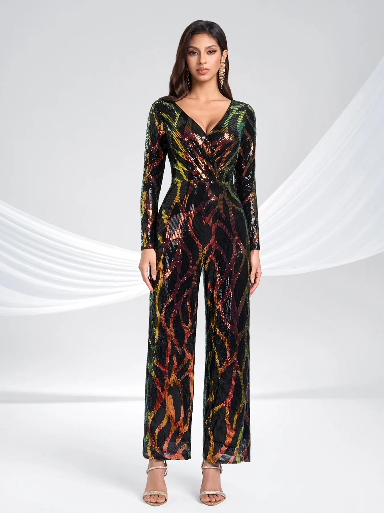 Women's Elegant Sequin Bodysuit, Deep V Neck Long Sleeve, Shimmering Party Wide Leg Bodysuit, Clubwear Holiday