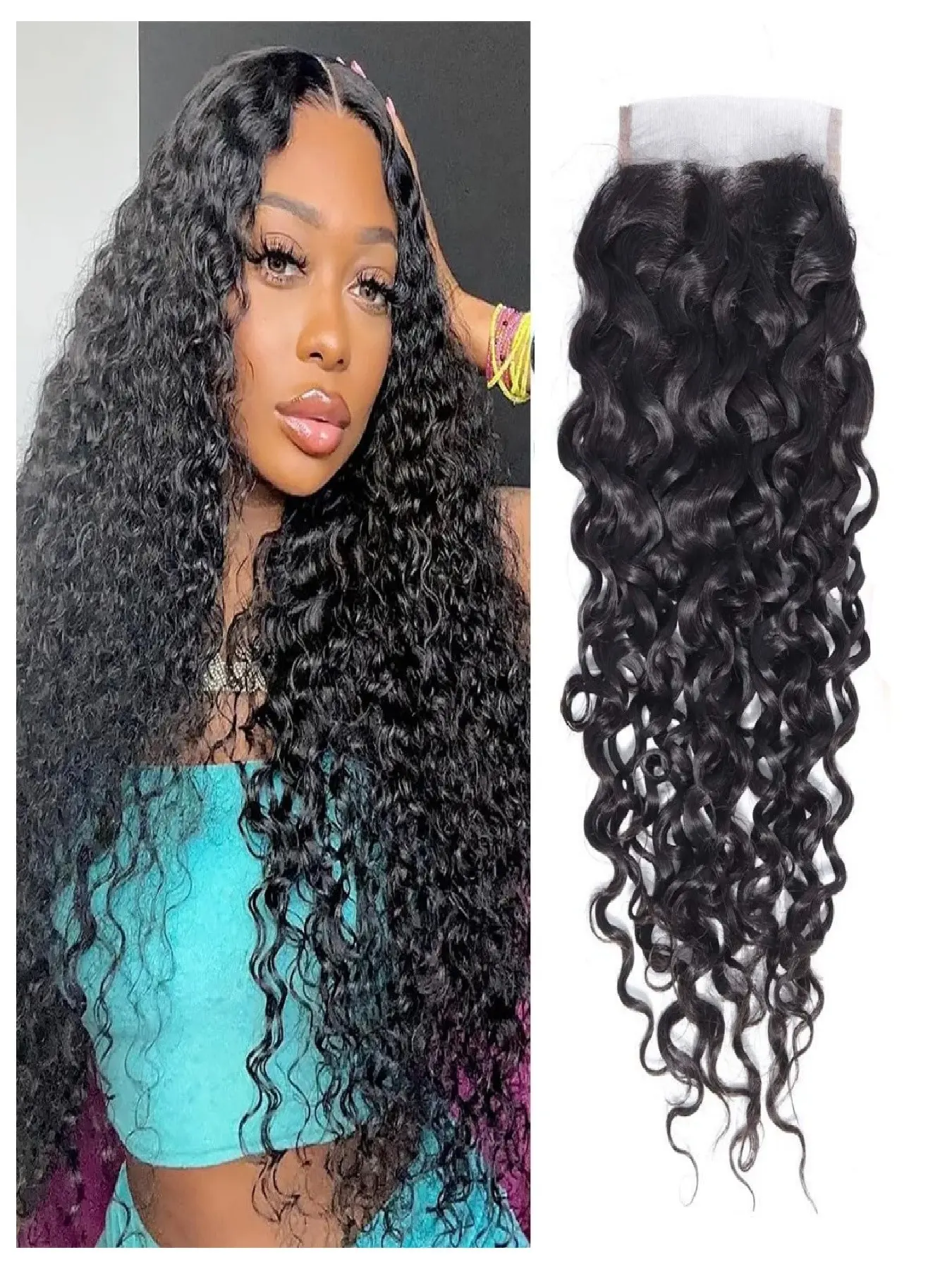 4x4  HD Lace Closure Weave 100% Real Human Hair Water Wave 4x4 Transparent HD Lace Closure 12A Brazilian Virgin Human Hair Closure Free Part Pre Plucked with Baby Hair Natural Black Curly HD Lace