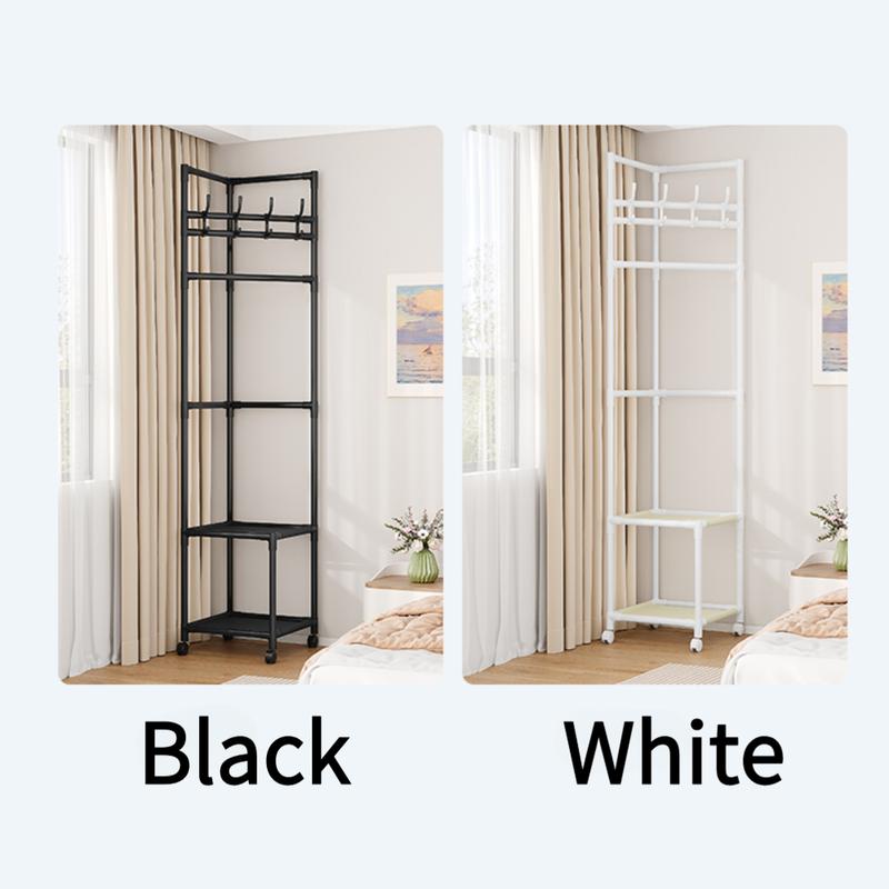 Black 2-Tier Freestanding Metal Coat Rack with 360 °   Swivel Wheels, Space-Saving Organizer with 4 Hooks & Storage Shelves for Bedroom/Entryway