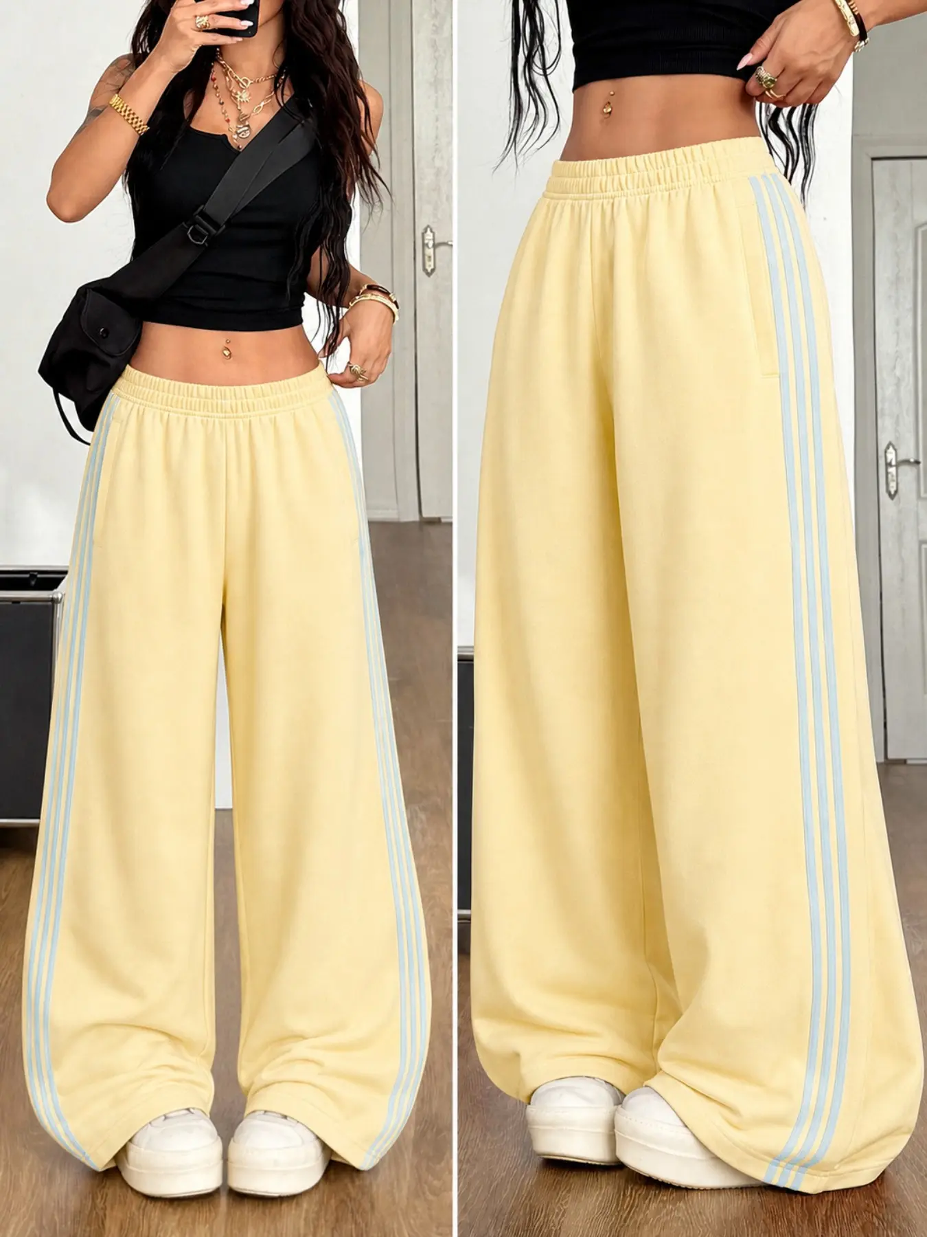 Women Soft Butter Yellow Side 3 Light Blue Stripes Wide Leg Track Pants Elastic High Waist Loose Flowy Straight Leg Sweatpants Casual Athleisure Streetwear Palazzo Trousers For Summer Vacation Daily Wear