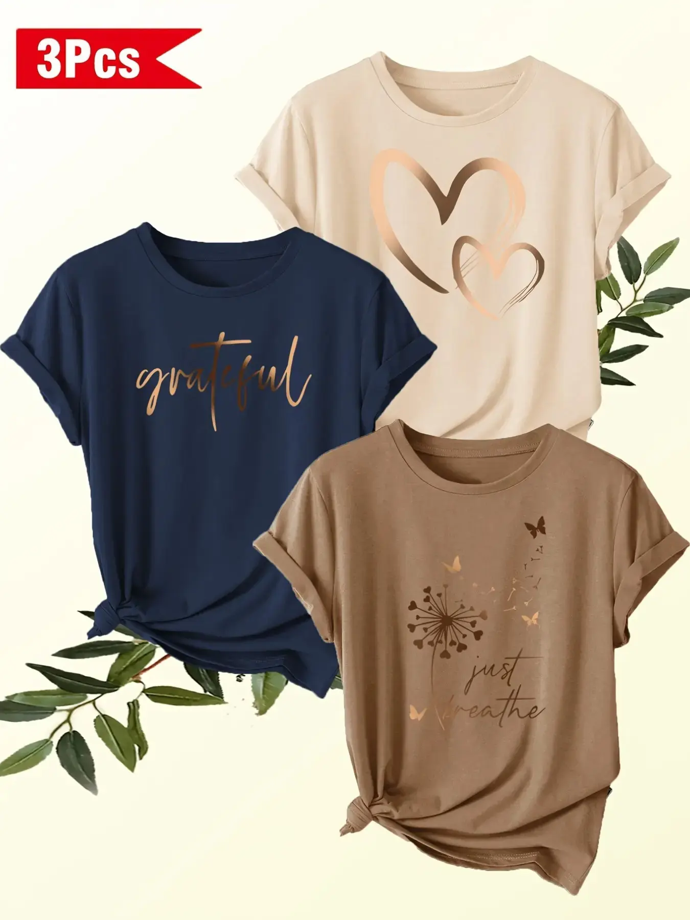 Women's 3-Pack Round Neck Short Sleeve T-Shirts, Gold Gradient Hearts, Letters, Dandelion Print, Soft Stretch Fabric