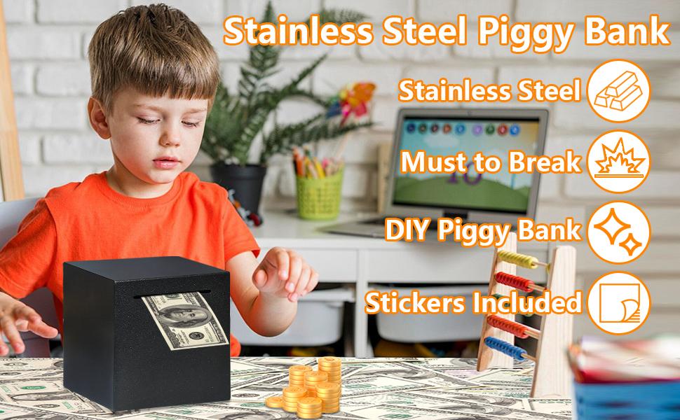 Stainless Steel Piggy Bank for Adults, Indestructible Savings Box for Cash, Must-Break-to-Open Metal Secure Money Banks for Kids, Unbreakable Coin Bank for Money Saving Plan (Black, 4.72inch)