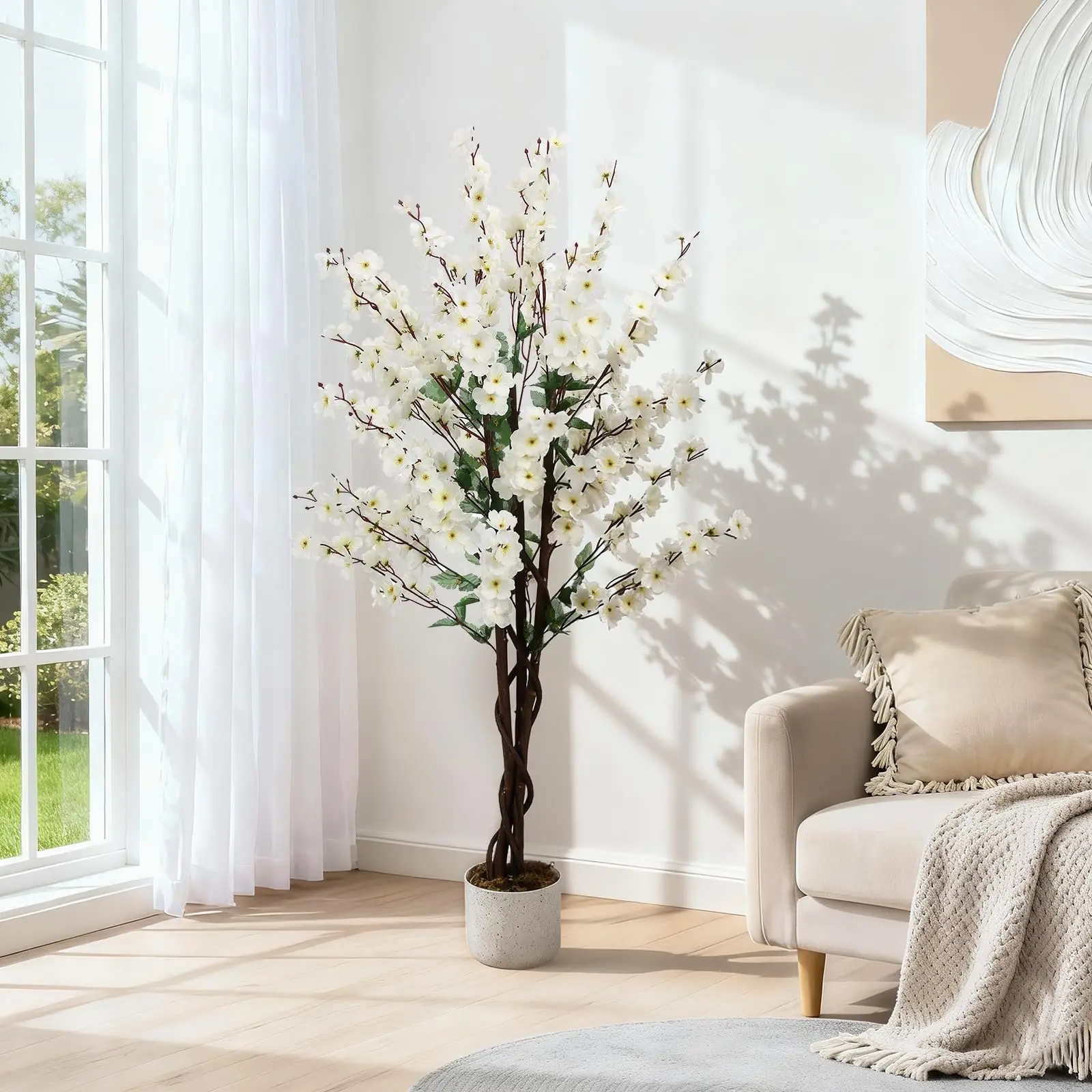 Lifelike Decorative Faux Wintersweet Tree – Realistic Artificial Plum Blossom Plant in Pot – Evergreen Accent for Living Room, Home, or Office Décor