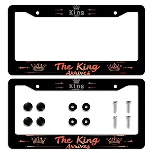 Cool King Arrives License Plate Frame 2 Pack, Rose Gold Crown Car Tag Holder, Black Aluminum Novelty Royal Luxury Auto Plate Covers for Front Rear Plates with Screws Caps