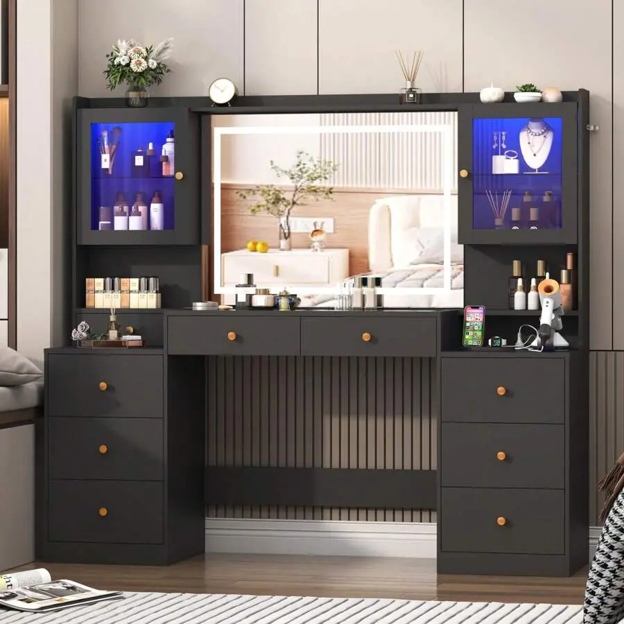 61.8'' Large Vanity Desk With Tempered Glass Top, 60000-Color USB-Powered LED Lights, Charging Station, Makeup Vanity With 3 Lights Mode LED Mirror, 9 Drawers, 2 Cabinets Women, Girls Gift
