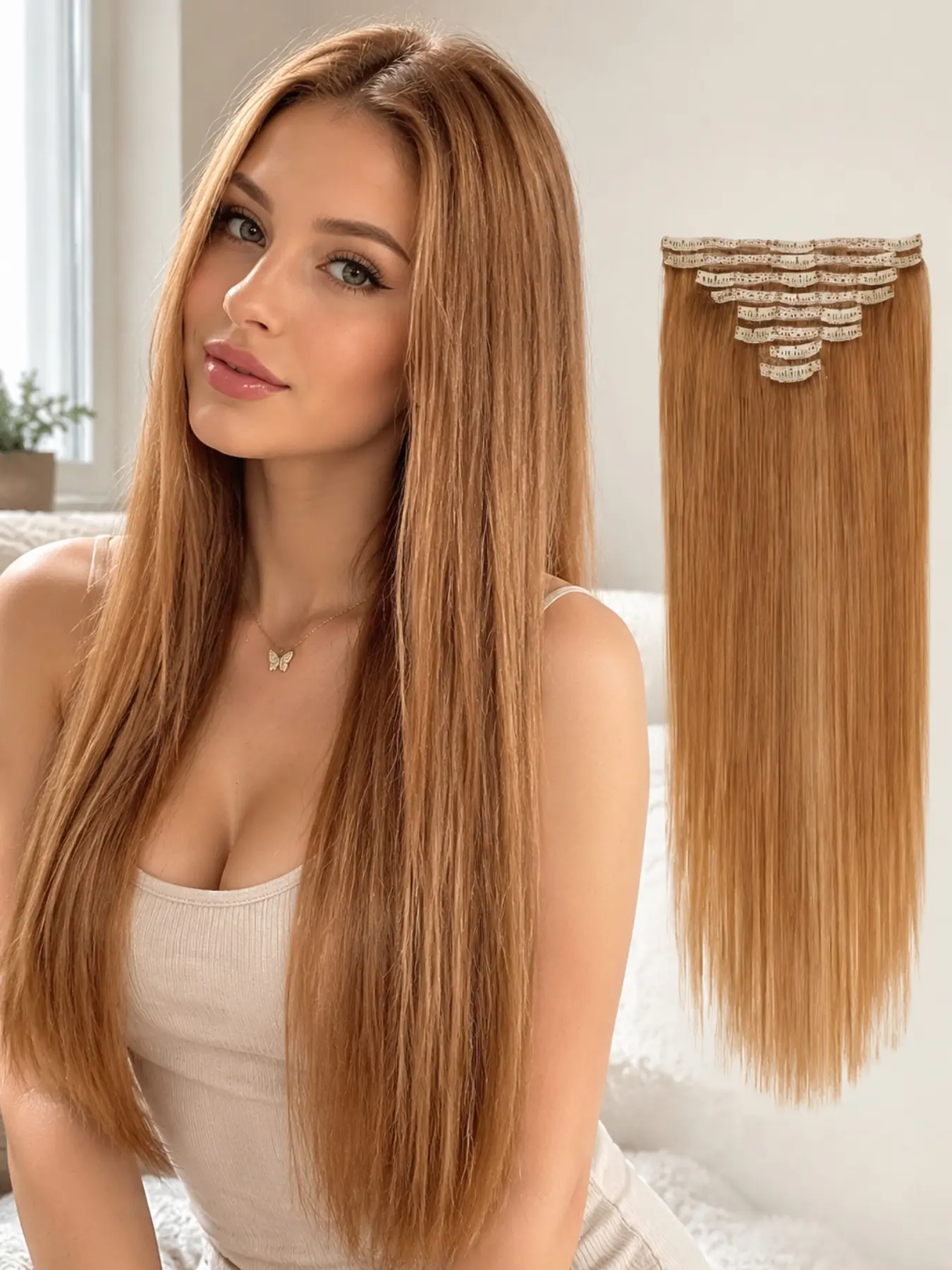 Honey Blonde Straight Remy Human Hair Extensions Clip In Weft Set for Women 8PCS Multi Piece Hairpieces for Natural Length and Volume 14 to 28 Inch Length Options