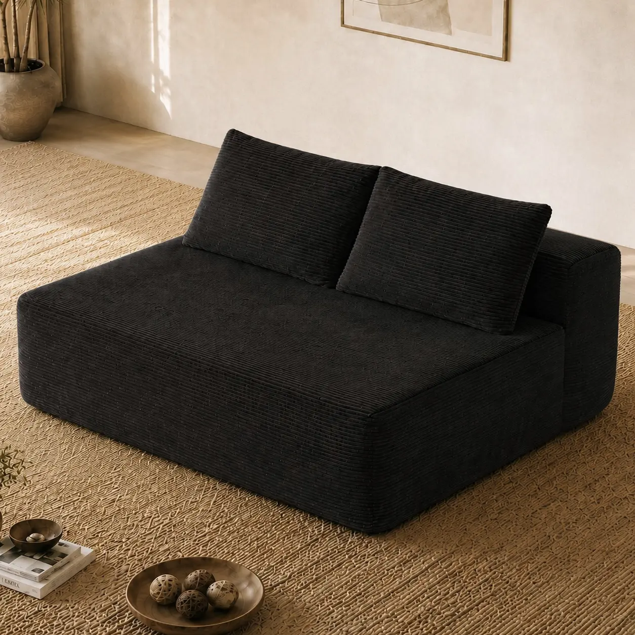 ARCH 69-Inch Cloud Sectional Couch L-Shape Chaise Sofa with Deep Seat, 2-Seater Corduroy Fabric Living Room Furniture, Black, No Assembly Required, Spring Padding for Comfort, Black Color Options, Corduroy/Foam+Spring Material, 2 Seat Seat Count