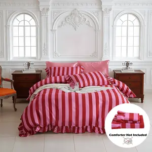 3-Piece Striped Ruffled Printed Bedding Set, Decorative Bedding Set, Comfy Bedding Set, Bed Sets, Soft Comfortable Duvet Cover & Pillowcases, Ideal for Bedroom Guest Room Decor