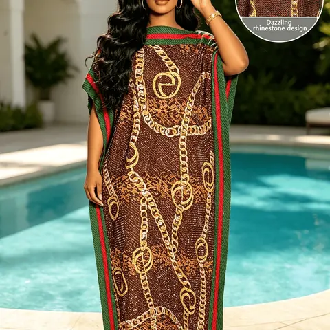Luxury Hot Fix Rhinestone Border Kaftan Set, Flowy Split Maxi Dress, Casual Style, Perfect for Parties & Resorts, Beachy Style