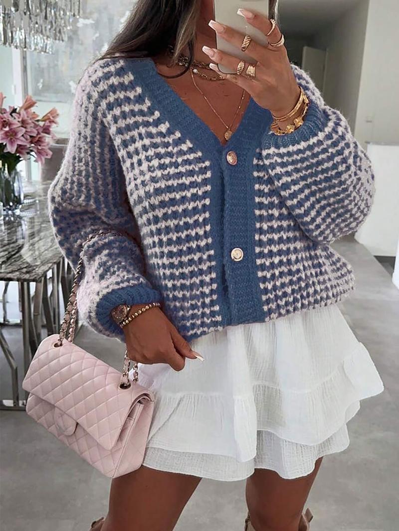 Women's V-Neck Long-Sleeve Sweater Cardigan, Thick Knit Loose-Fit Colorblock Design, Casual Fashion Outerwear for Fall and Winter