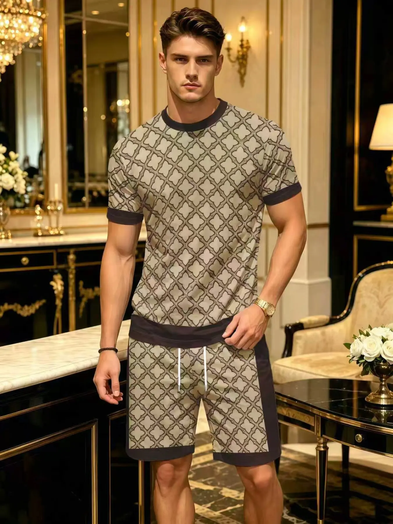 Men's Retro Plaid Clover All-Over Print 3D Digital Print Set, Casual Business Style, Short Sleeve T-Shirt and Shorts, Polyester