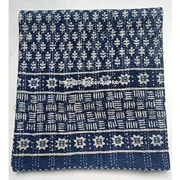 Blue Indigo Print Cotton Handmade Handblock Quilted Blanket Indian Cotton Bedspread Kantha Indigo Print Bohemian Bed Decor Throw Blanket Multiple Sizes Queen/King 90X108 inches