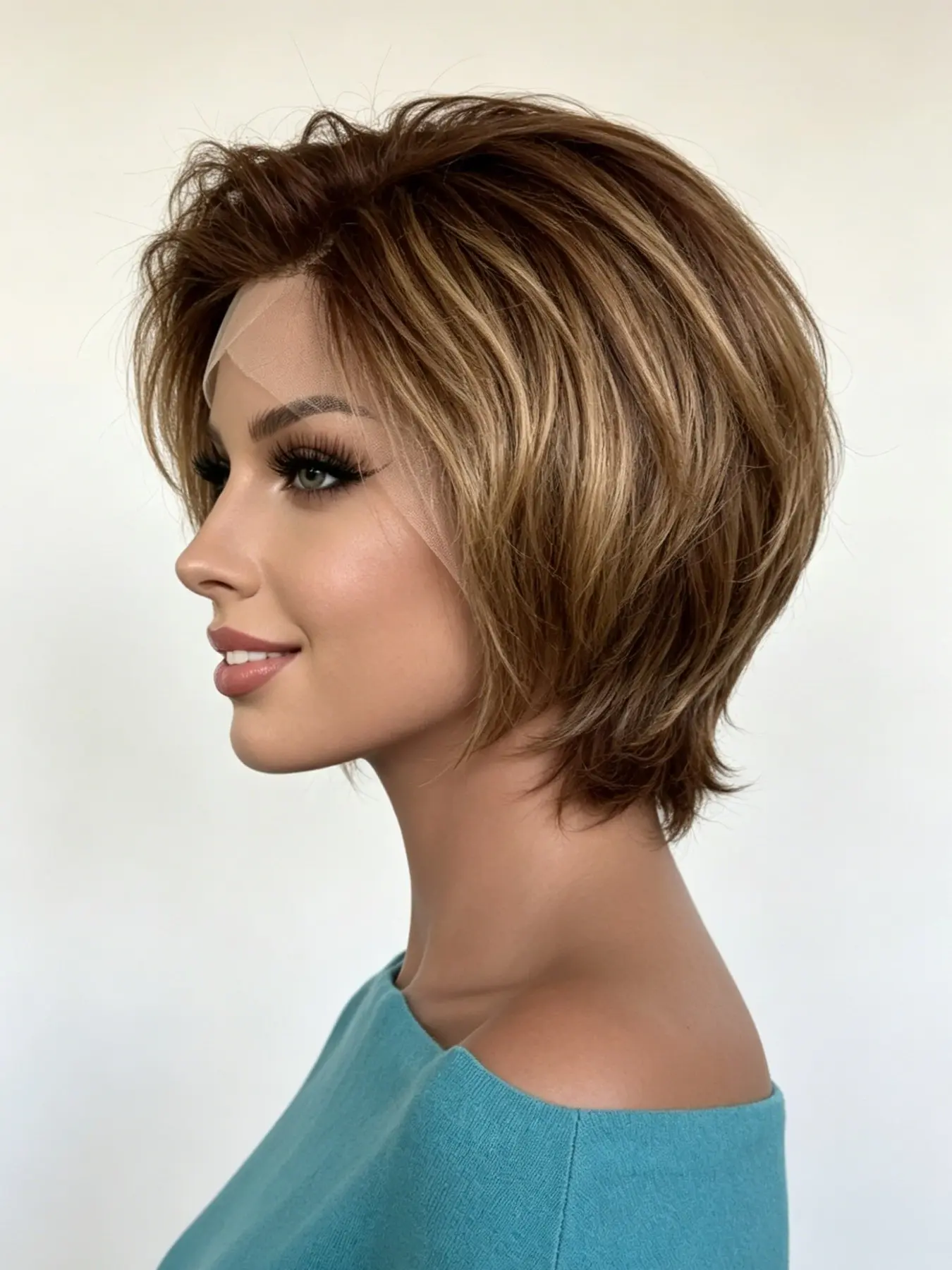 honey blonde highlight pixie bob wig, Lace glueless wigs, from Lolely Dream Crafted with Brazilian Remy human hair, straight blunt layered cut. 13x4 lace frontal with pre-plucked natural hairline, fully glueless wear-to-go design