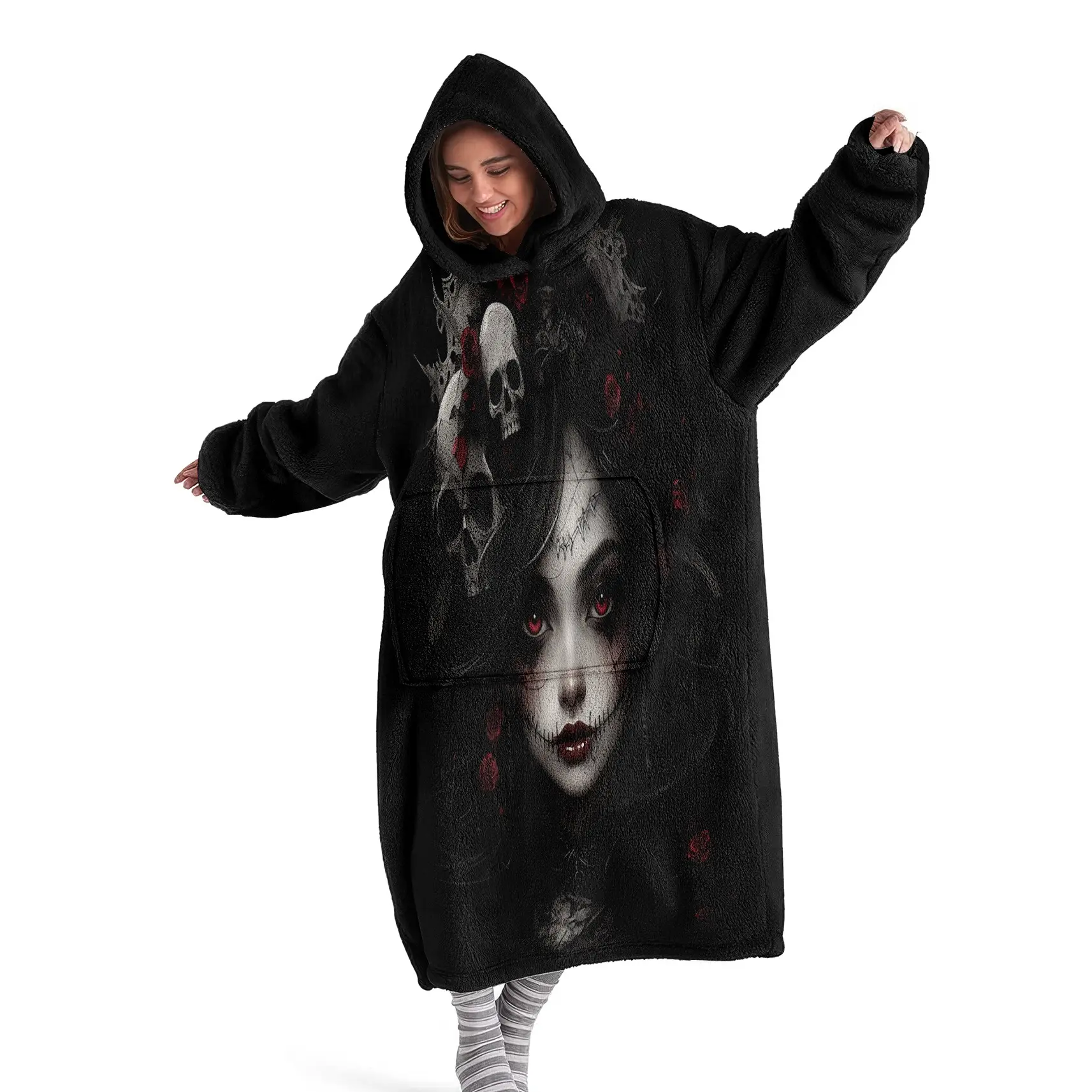 Wearable Hooded Blanket, Flannel Witch Skull Print, Large Pocket, Unisex, Halloween Christmas Gift, Fashionable and Cozy