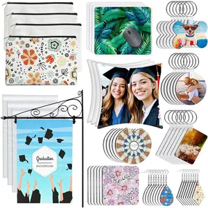 114Pcs Sublimation Blanks Products, Sublimation Blanks Set Including DIY Blank Makeup Bag, Keychain, Earring, Pillow Cover, Mouse Pad, Coaster, Garden Flag for Sublimation Transfer, Graduation Favor