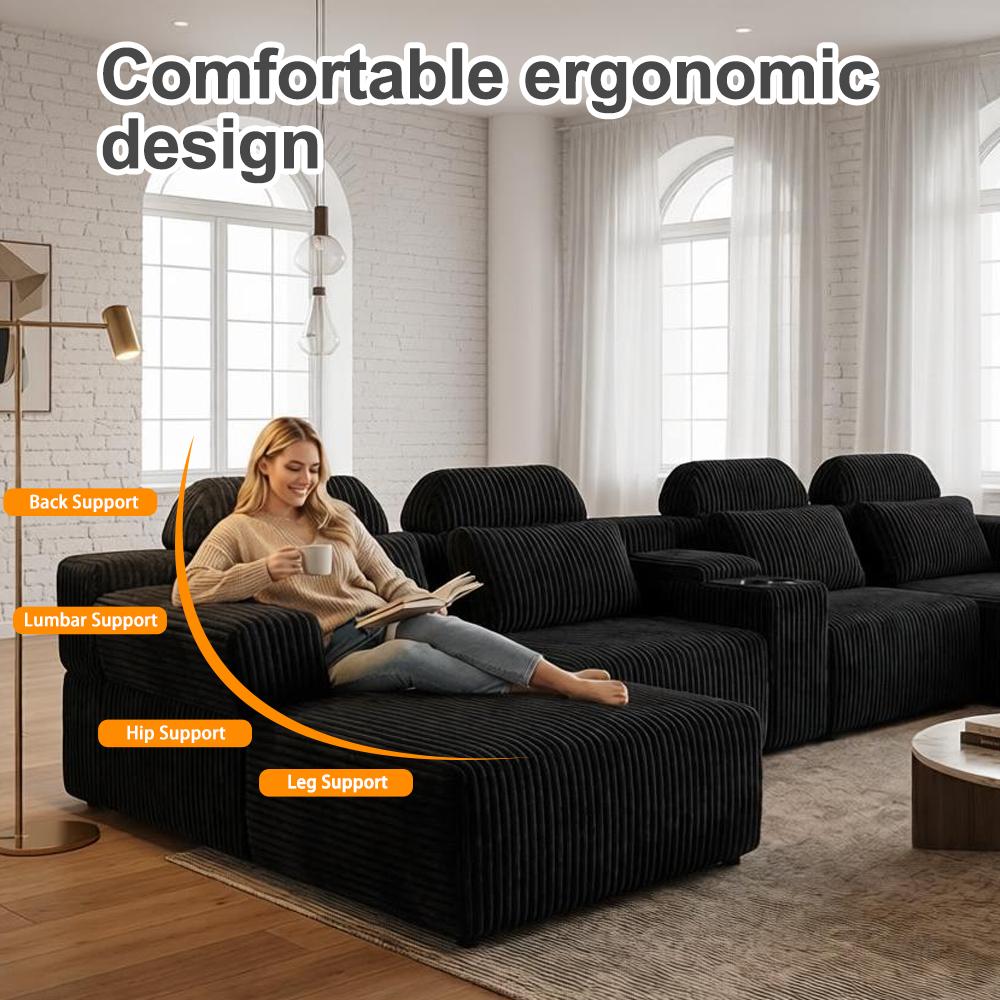 143.7-inch L-shaped sofa set with chaise longue and cup holders; modern black velvet sofa set; four-piece living room furniture set; oversized modular sofa; ideal for home theaters, living rooms, and luxury living spaces