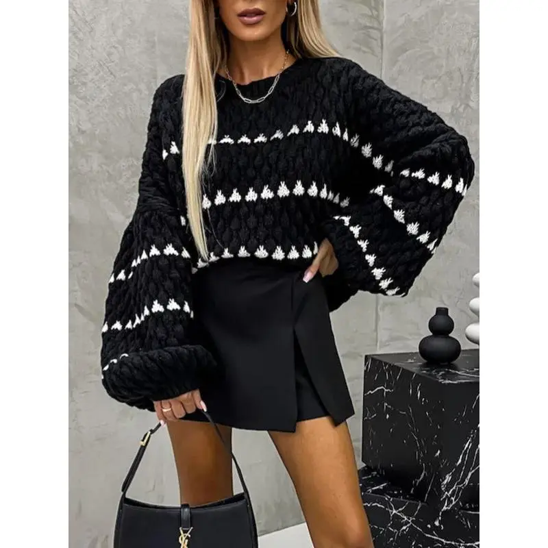 Women's Black White Knit Sweater Top, Oversized Loose Round Neck Pullover with Puff Sleeves, Polyester Knitted Split Joint Design, Casual Urban Streetwear Jumper for Spring Autumn Winter, Cozy Fashion Sweater for Everyday Wear, Travel, Going Out