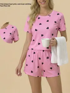 Women's 2 Piece Loungewear Set Short Sleeve Shorts Heart Print Comfortable Breathable Skin Friendly Suitable for Home Casual Daily Wear Four Seasons Fashion Versatile Pajama Set