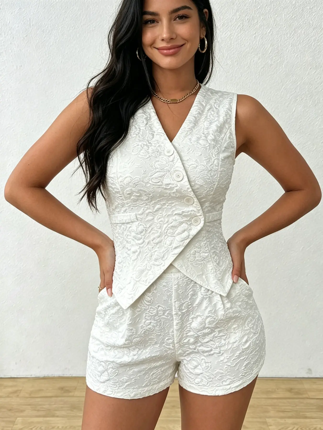 A set of women's fashionable white sleeveless diagonal buckle vest shorts, two pieces, three-dimensional floral high-end and exquisite, suitable for commuting, indoor and outdoor wear