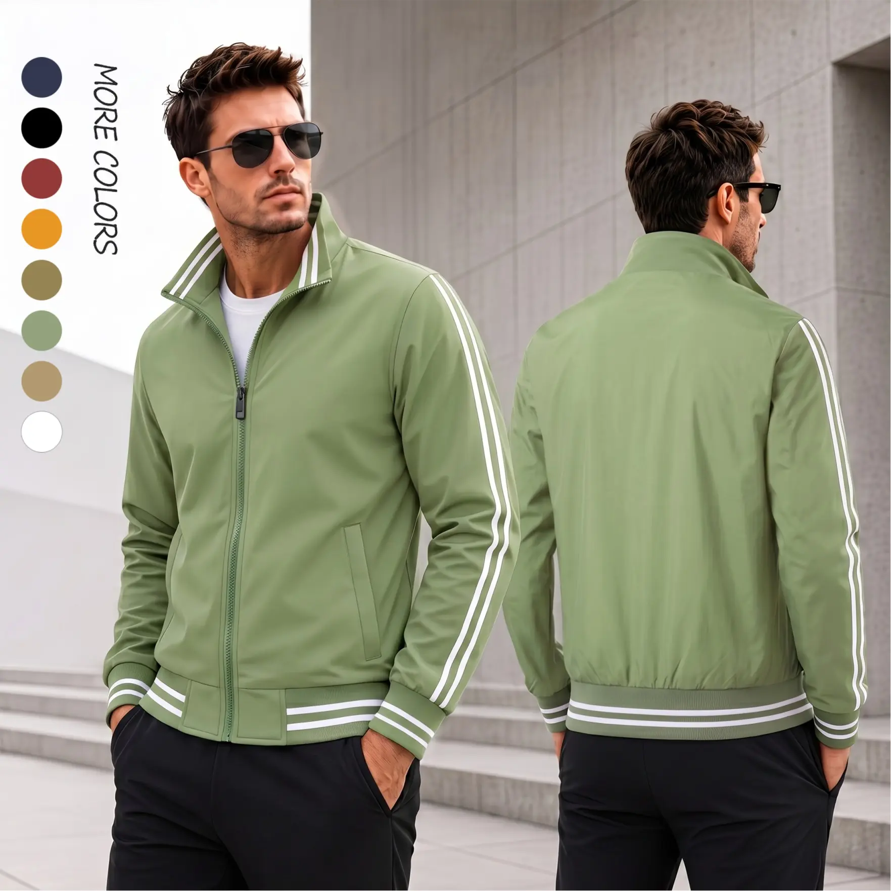 Men's Lightweight Thin Breathable Fabric Bomber Flight Jacket - Stripe Sleeves, Casual Zip-Up Streetwear Menswear Tops Coats Outerwear, Zipper, Rib, Ribbed, Zip-Up Front
