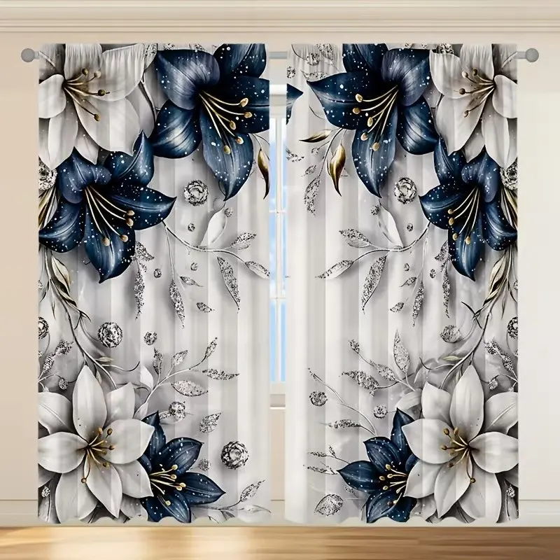 2 Piece Polyester 2D Plant Theme Curtains, Blue Lily Pattern Rod Pocket Window Drapes, Bedroom and Living Room Decor, Lily Curtain Set