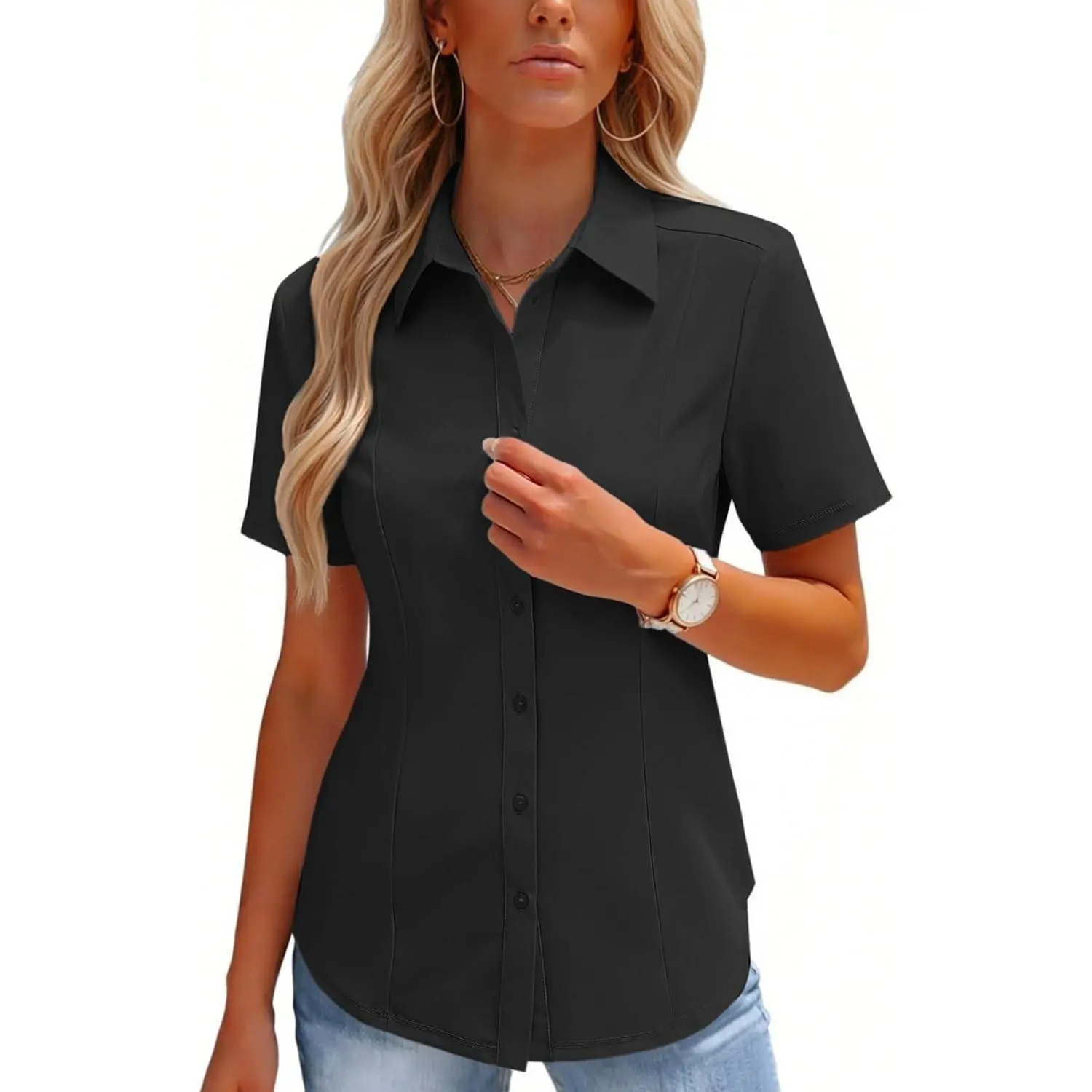 Button Down Shirts for Women Short Sleeve Stretch Dress Shirt Wrinkle-Free Formal Work Blouses Summer Tops S-2XL