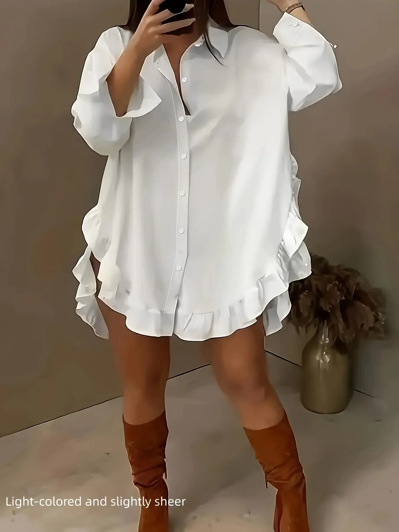 Women's Plain Ruffle Trim Button Front Baggy Fit Blouse, Shirts, Casual Long Sleeve Collared Top for Daily Wear, Feminine Ladies Clothes for All Seasons