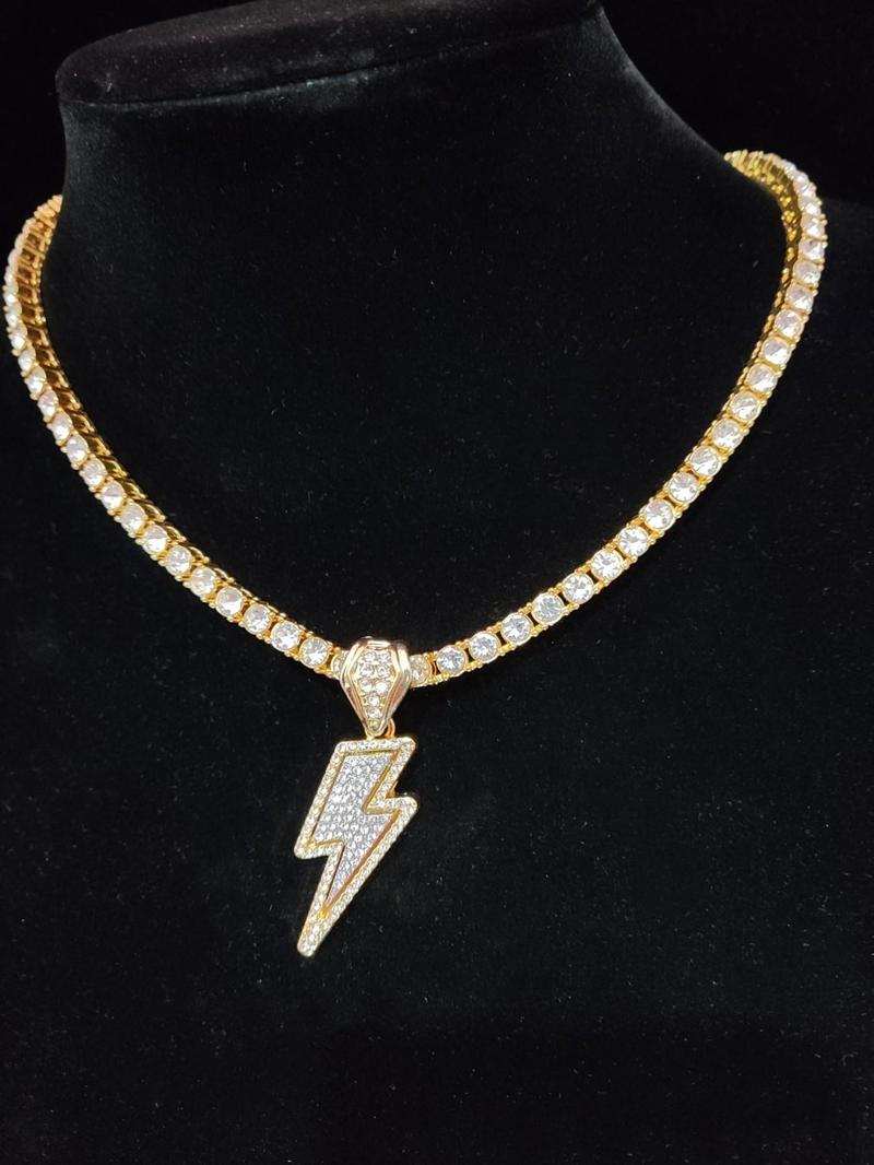 Y2K Trendy Rhinestone Lightning Shaped Pendant Necklace for Men & Women, Hip Hop Street Jewelry As Gift, Fashion Cute Jewelry for Daily Outfit