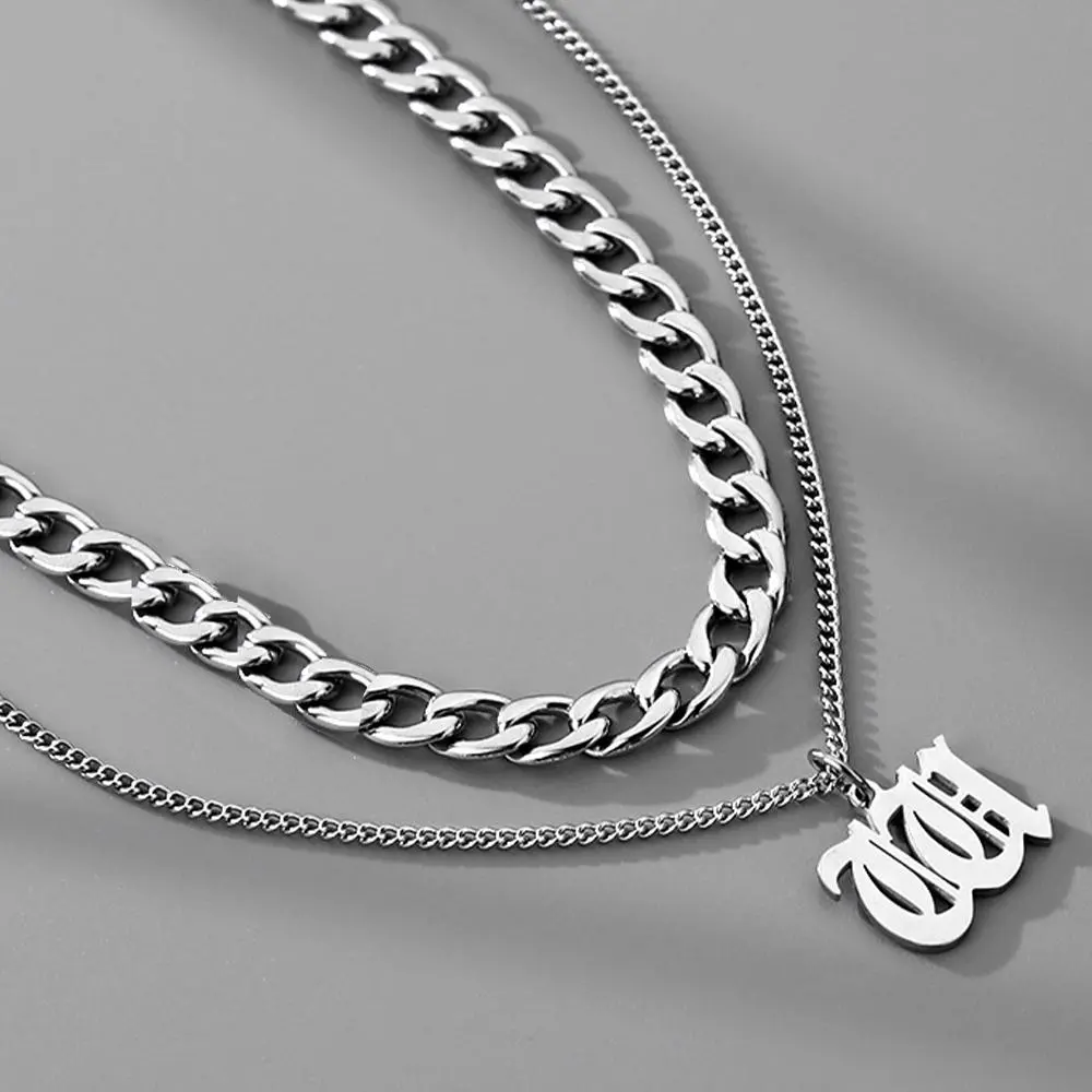 304L Stainless Steel Layered Initial Necklace for Men Boys Cuban Chunky Chain Retro Letter A-Z Pendant Necklace Double Layer Couple Chain for Him Men Boyfriend Teen Boys