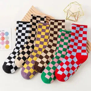 Women Socks Geometric Checkered Korea Funky Harajuku Trend Checkerboard Socks Men Hip Hop Cotton Unisex Streetwear Novelty Socks