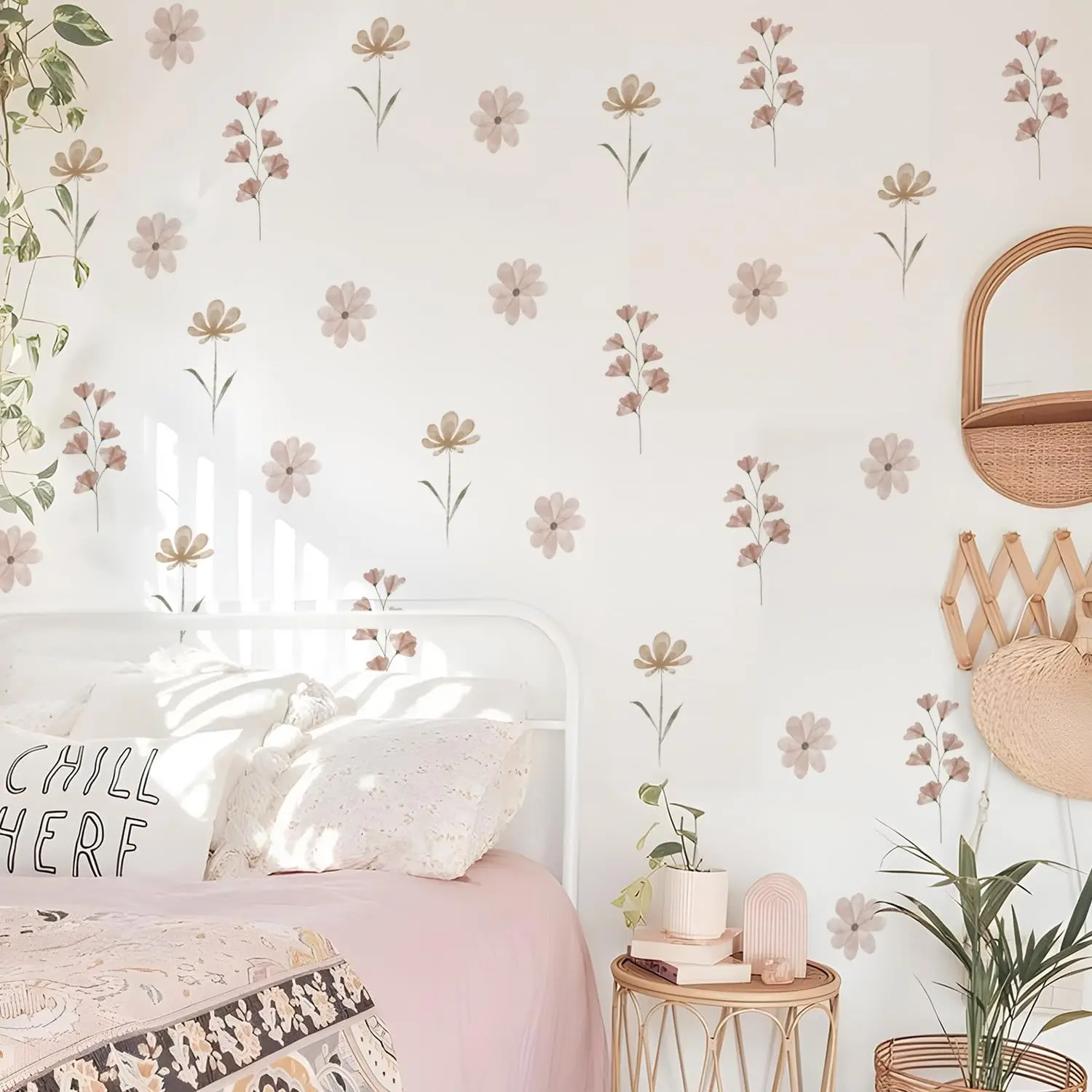 Daisy Wall Decals | 84 PCS Boho Flower Stickers for Girls' Rooms, Playrooms, and Nurseries | Dual Layer Print for High Coverage | Removable Peel and Stick Wall Decor (Pink-B) | 12 Sheets