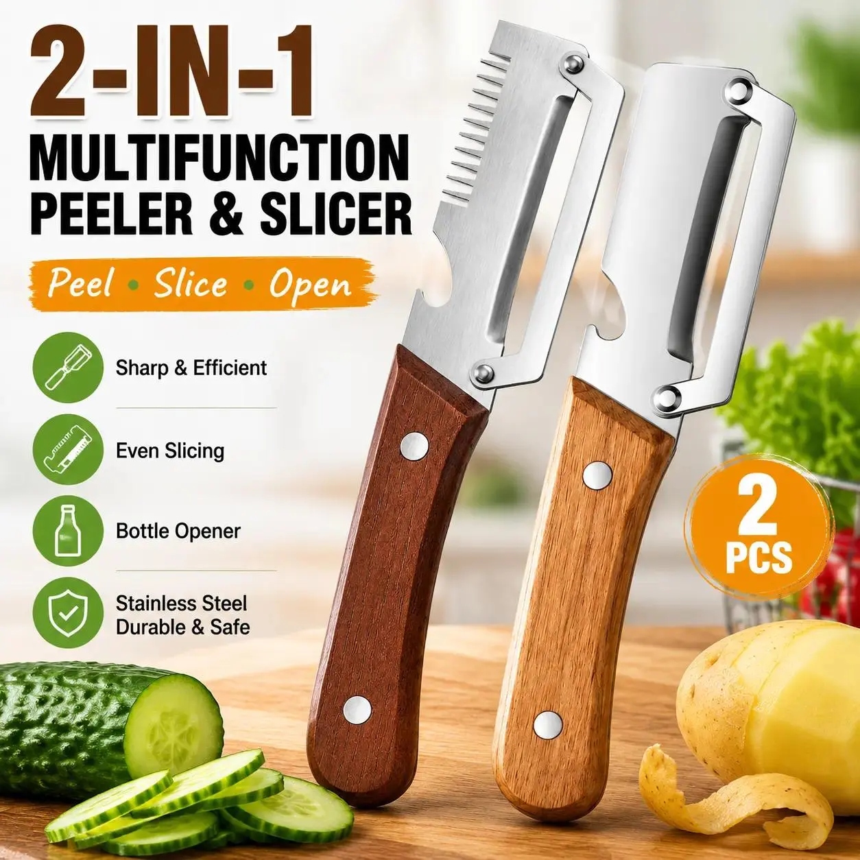 2/4 PCS Wood Handle Multifunction Kitchen Peeler – Peel, Slice, Scrape & Bottle Opener Tool，Outdoor Camping Essentials, Perfect Father’s Day Gift