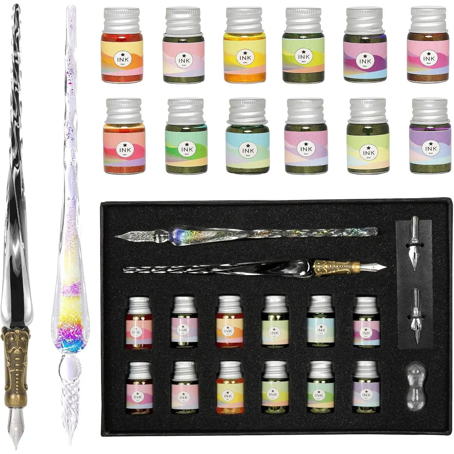 Glass Dip Ink Pen Calligraphy Set - 17-Pieces Kit with Rainbow Ink Retro Carving Glass Pen, 2 Nibs, 12 Refills for Signatures, Calligraphy Beginners