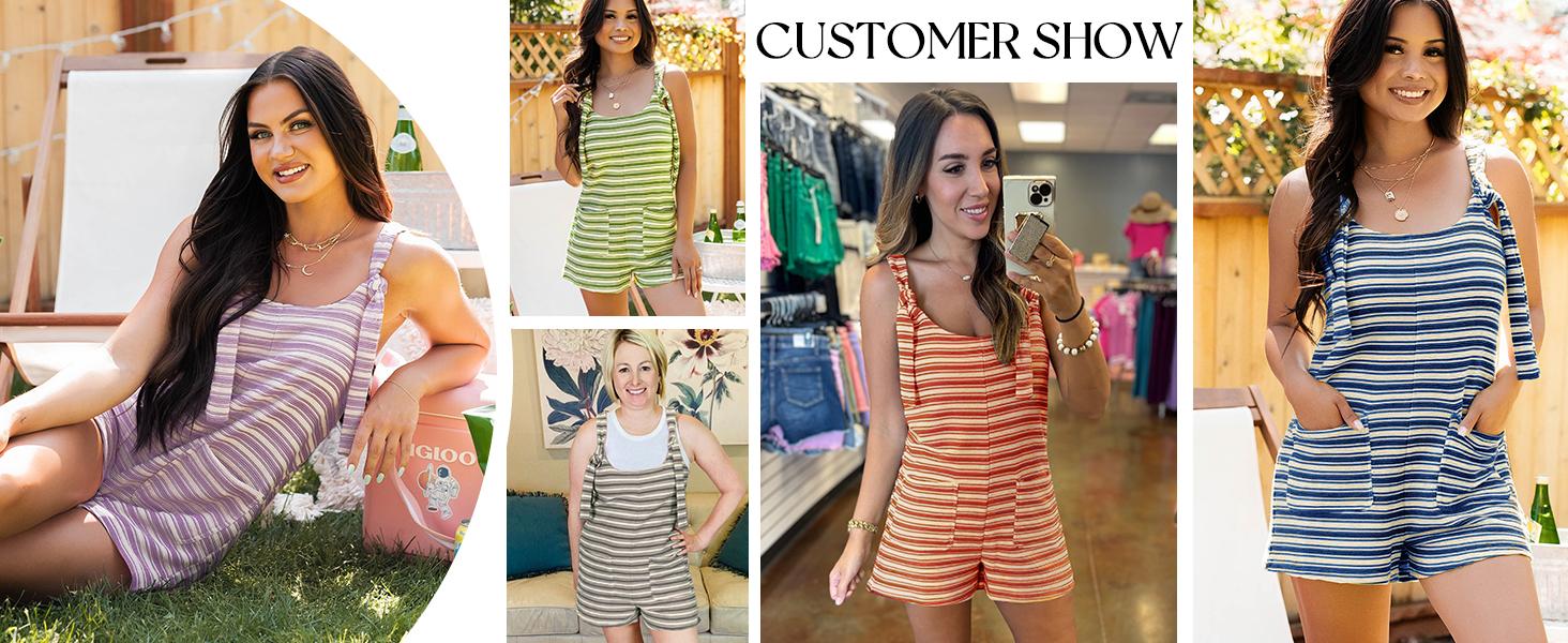 Yousify Women's Striped Sleeveless Romper Loose Fit Tied Shorts Jumpsuit with Pockets for Summer & Fall Casual Wear Scoop Neck Adjustable Drawstring Wide Legs