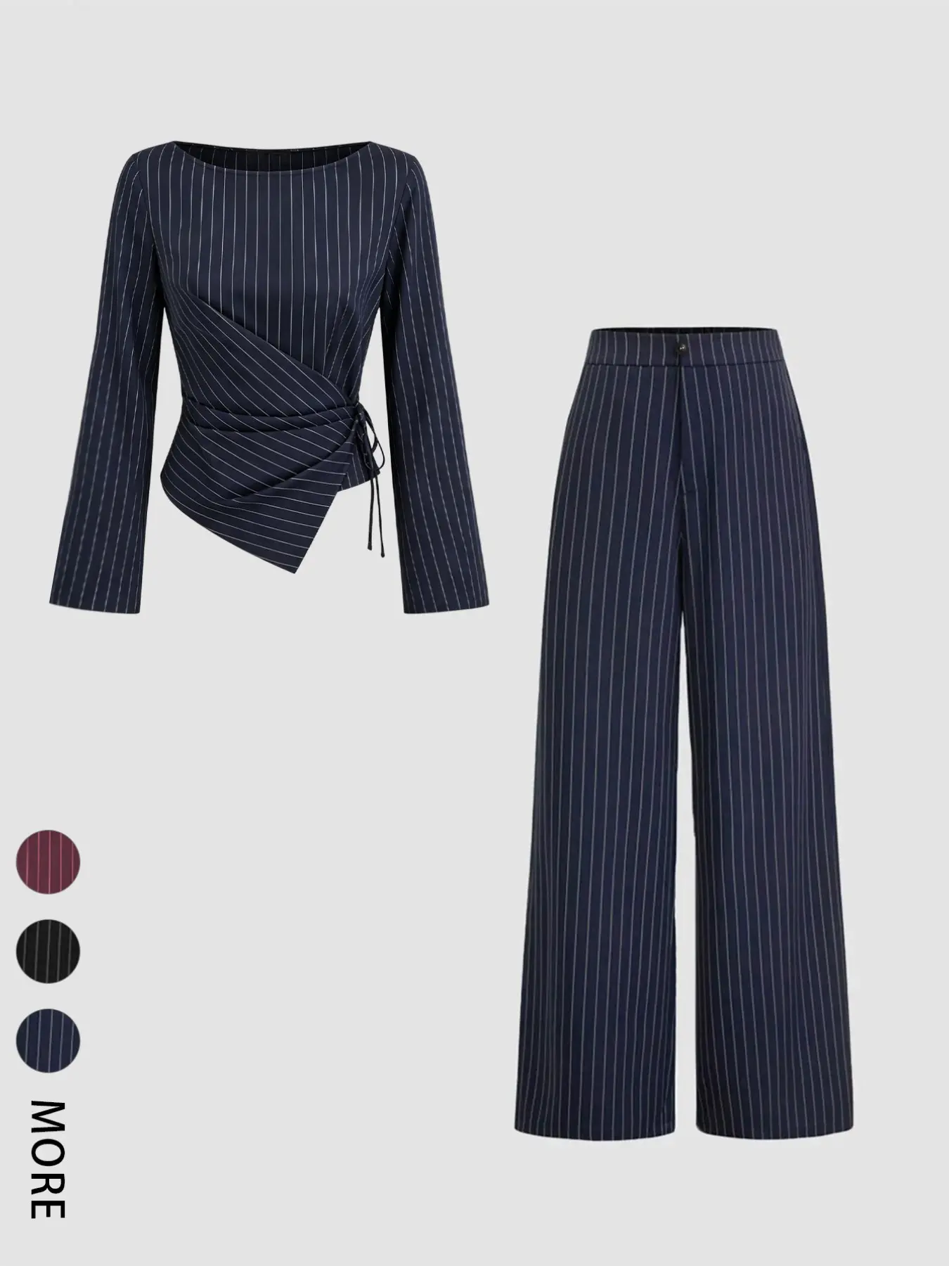 Women's Striped Tie-Back Long Sleeve Blouse and Wide-Leg Pants Set, Elegant Slim-Fit Suit for Office & Casual Fall Winter Wear