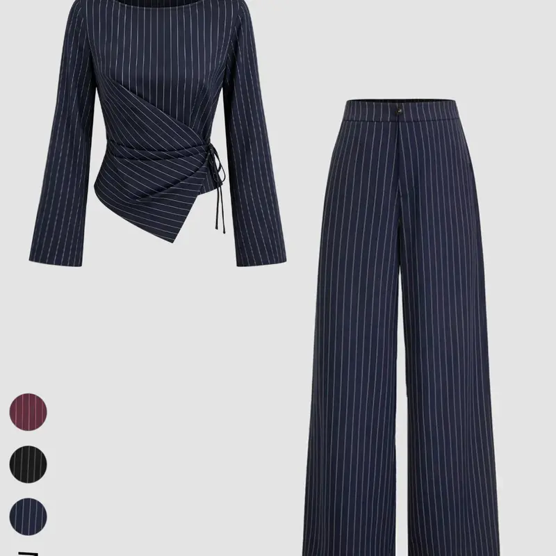 Women's Striped Tie Long Sleeve Blouse and Wide-Leg Pants Set for Fall & Winter, Elegant Slim-Fit Suit for Office & Casual Wear, Clothes