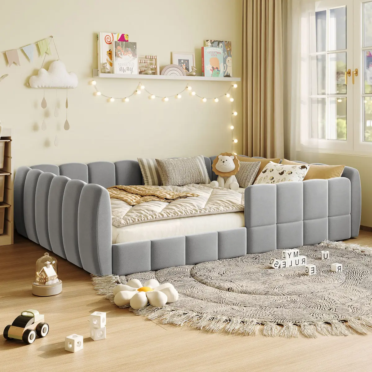 Full Size Velvet Bed Frame with Fence, Kids Full size Bed, Montessori Floor Platform Bed,Full Platform Bed,Low Profile Bed for Kids, Gray