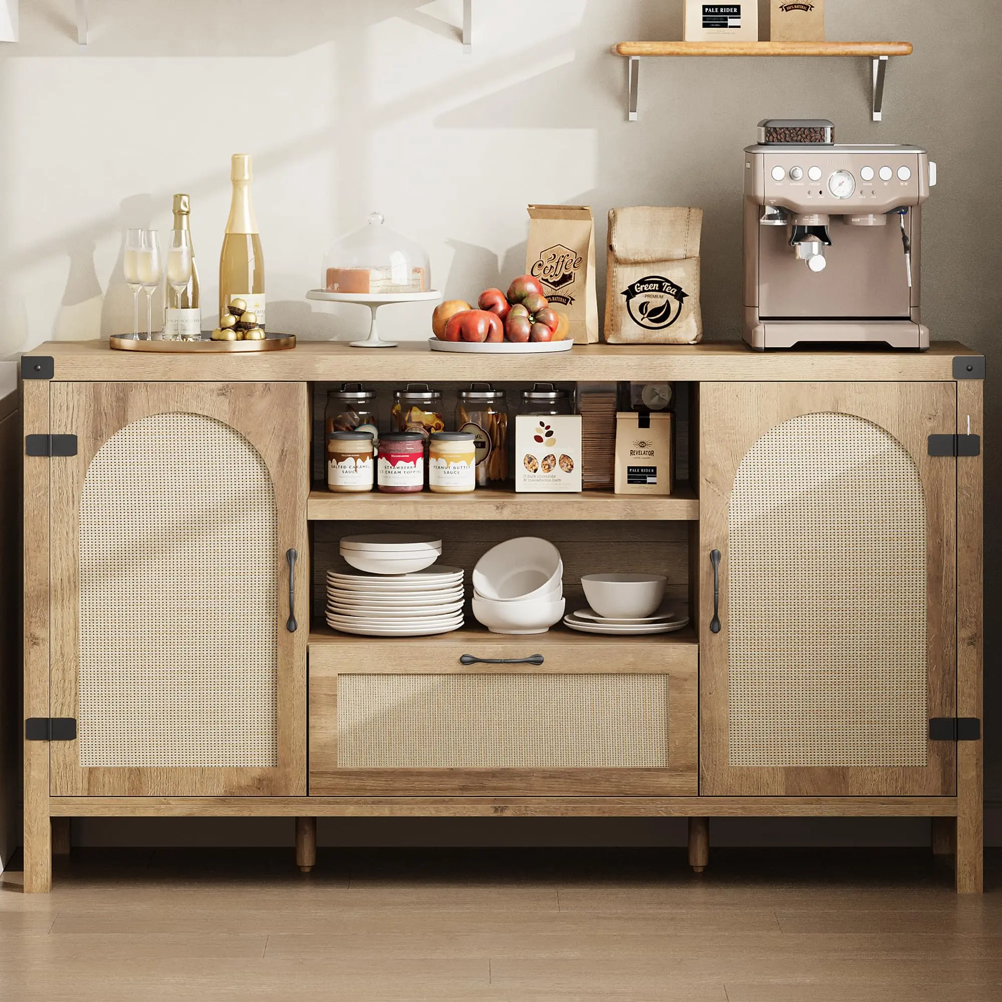 Farmhouse Rattan Sideboard Buffet Cabinet – 59" Storage Unit – Coffee Bar with Drawer & Open Shelves – Wooden Entryway Organizer for Dining Room, Living Room, Kitchen