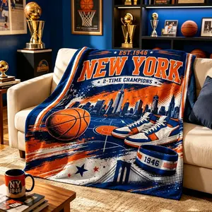 Vintage New York EST.1946 Basketball Skyline Flannel Throw Blanket, Retro Orange Blue Soft Fleece Sports Man Cave Decor Blanket, Warm Cozy Couch Bed Blanket, Ideal Father’s Day Christmas Birthday Gift for New York Basketball Fans & Sports Lovers
