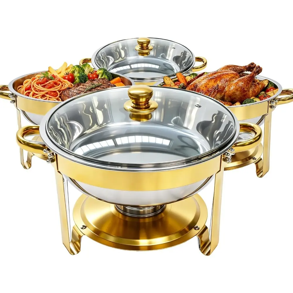 Gold Stainless Steel Round Insulated Pot - Self-Service Hot Pot Cookware with Lid, Stove, 5-qt 16.6-in Kitchenware Buffet Set, 1/2/3/4 Multiple Packs, Ideal for Banquet Use, Insulated Pots