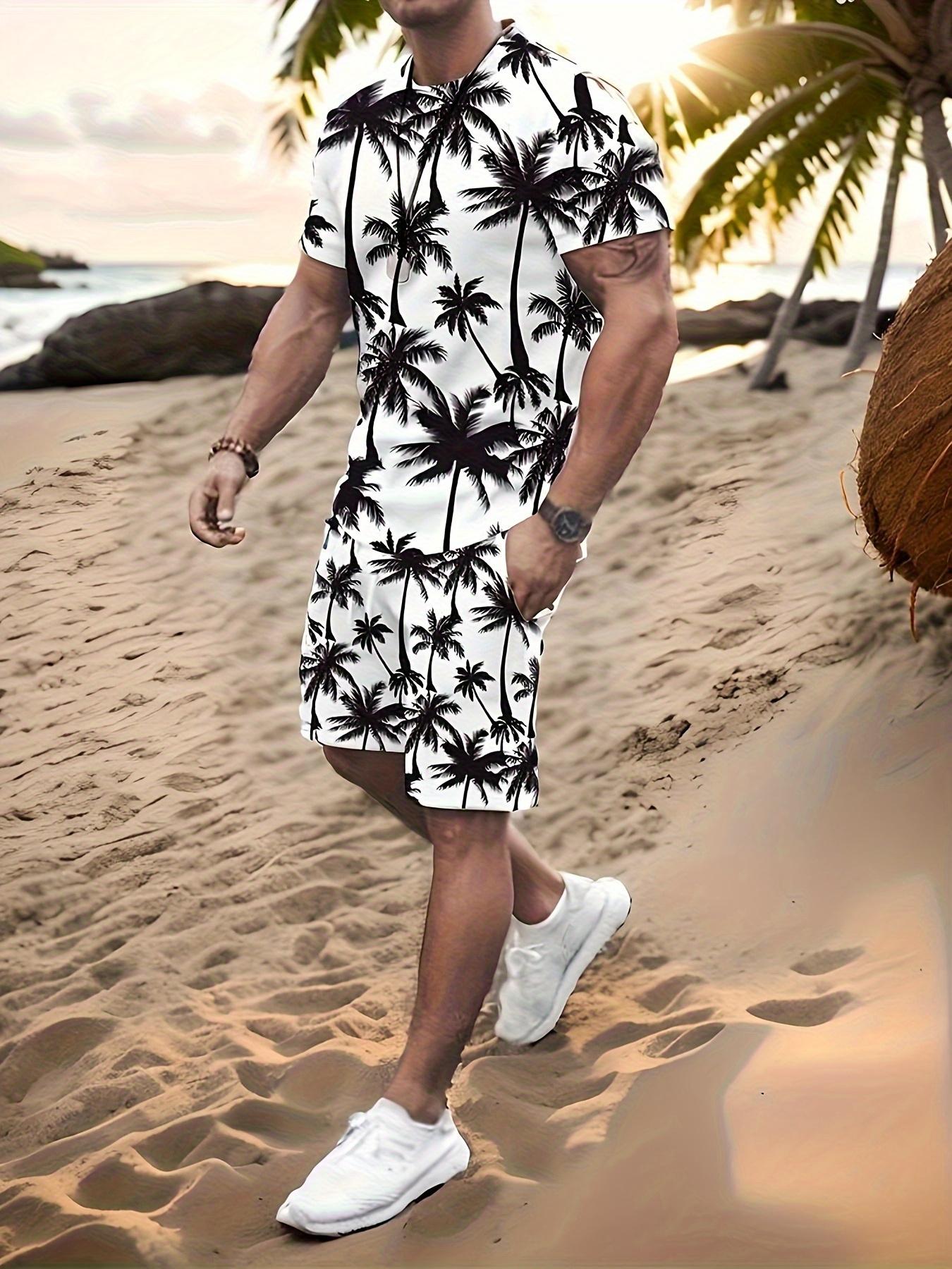 Men's Casual Fashion Short Sleeve Set, Black & White Coconut Palm All-over Print, Breathable Mesh Fabric, Hawaiian Style Vacation 2-Piece Outfit, For Beach Trip, Daily Commute & Party