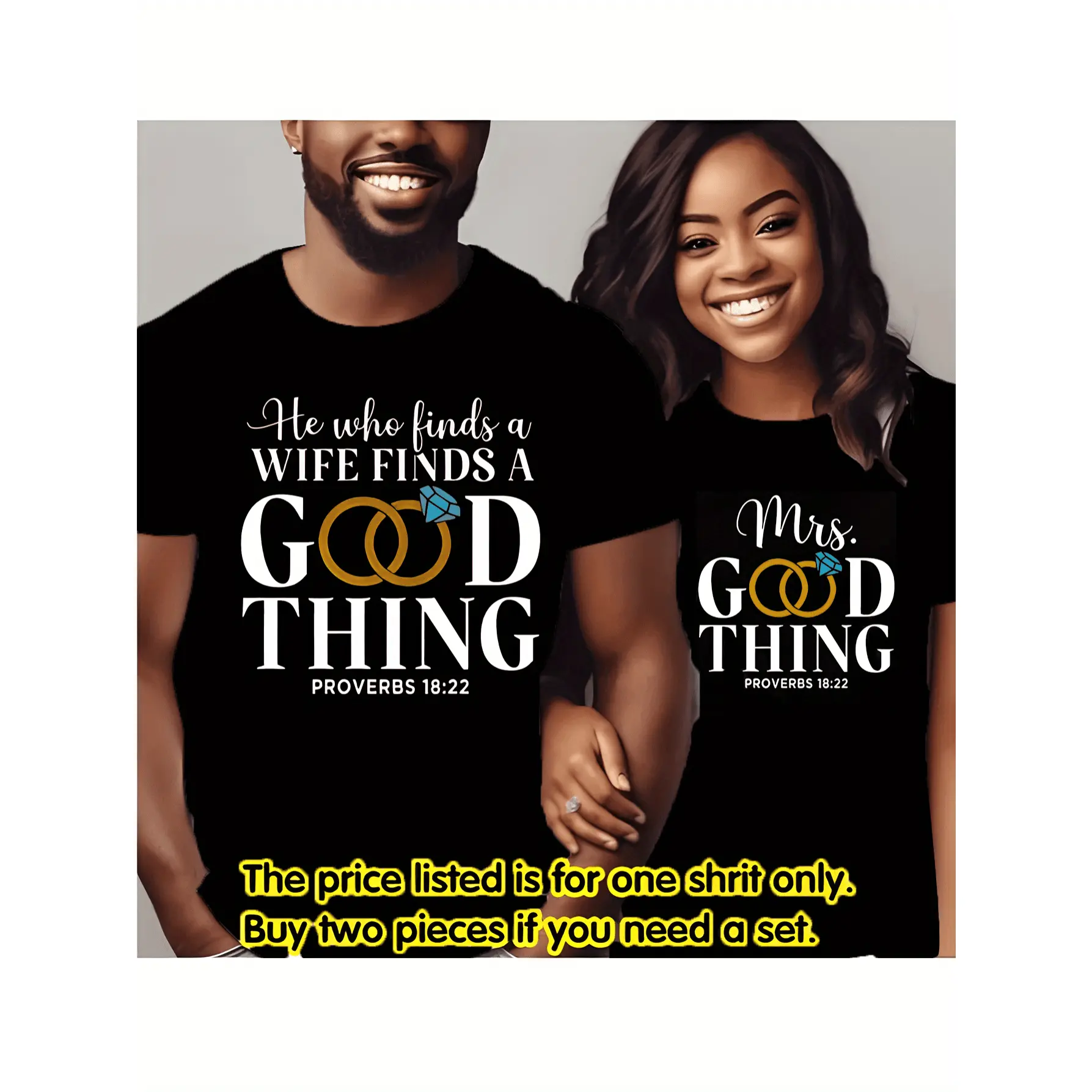 Couple's T-shirt - "Getting a wife means finding good fortune" & "Wife". Recommended quality product - Unisex Valentine's Day casual round-neck cotton T-shirt, black background with white text and circular pattern, perfect for spring wear
