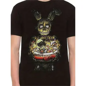 Upgrade your casual wardrobe with this Five Nights At Freddy’s Springtrap Easter Egg Basket Full Animatronic Short Sleeve Crew Neck Pullover Tops, Dark Grunge Worn Texture Bunny Robot With Mini FNAF Characters Inside Easter Basket Print Regular Fit Knit T