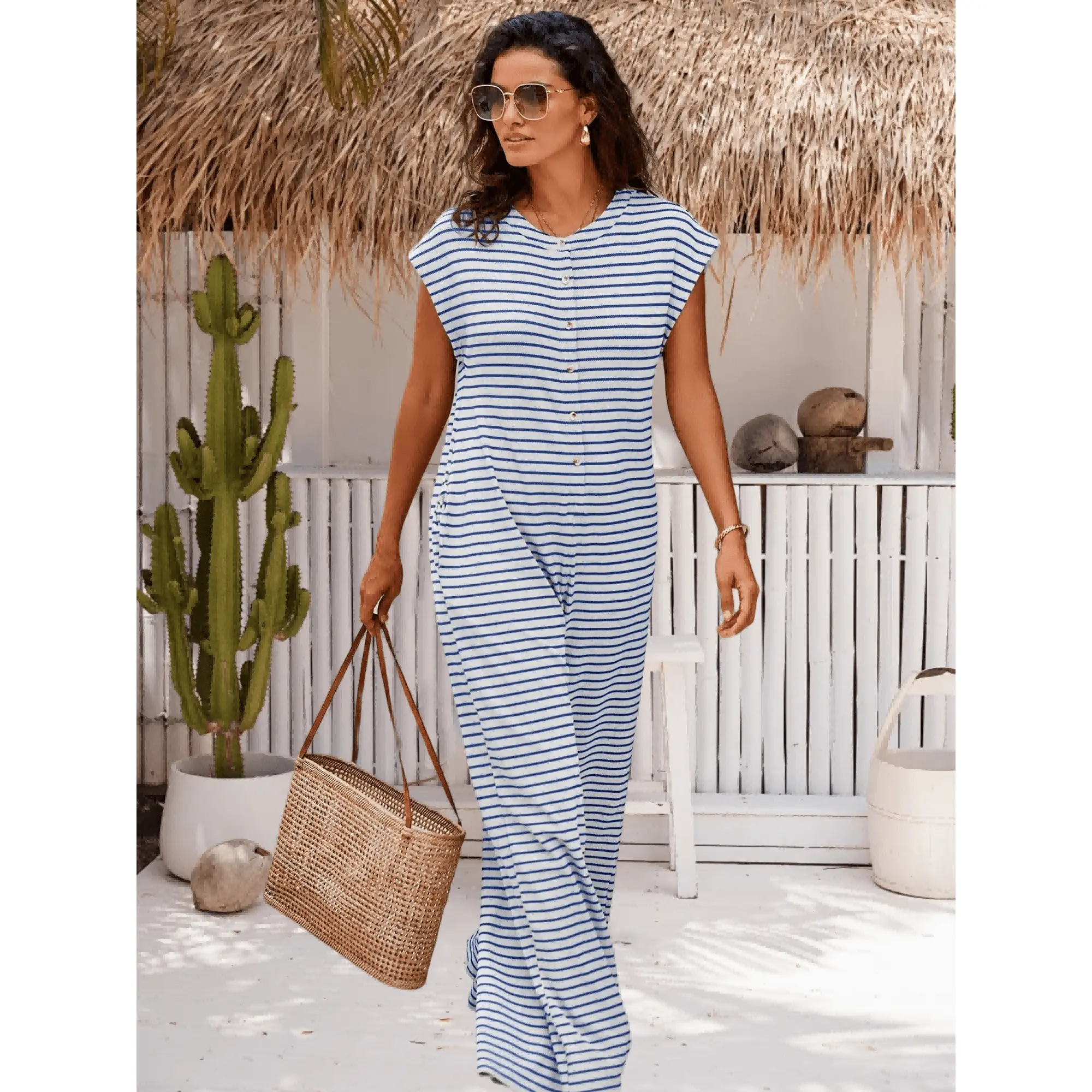 Women' Low-Cut Waffle Jumpsuit - Stretchy Wide Leg Romper with Button Front & Cap Sleeves| Soft Breathable One-Piece Outfit Suitable for Petite/Curvy, Casual Beach Vacation, Brunch, Daily Wear, Spring/Summer Outfits